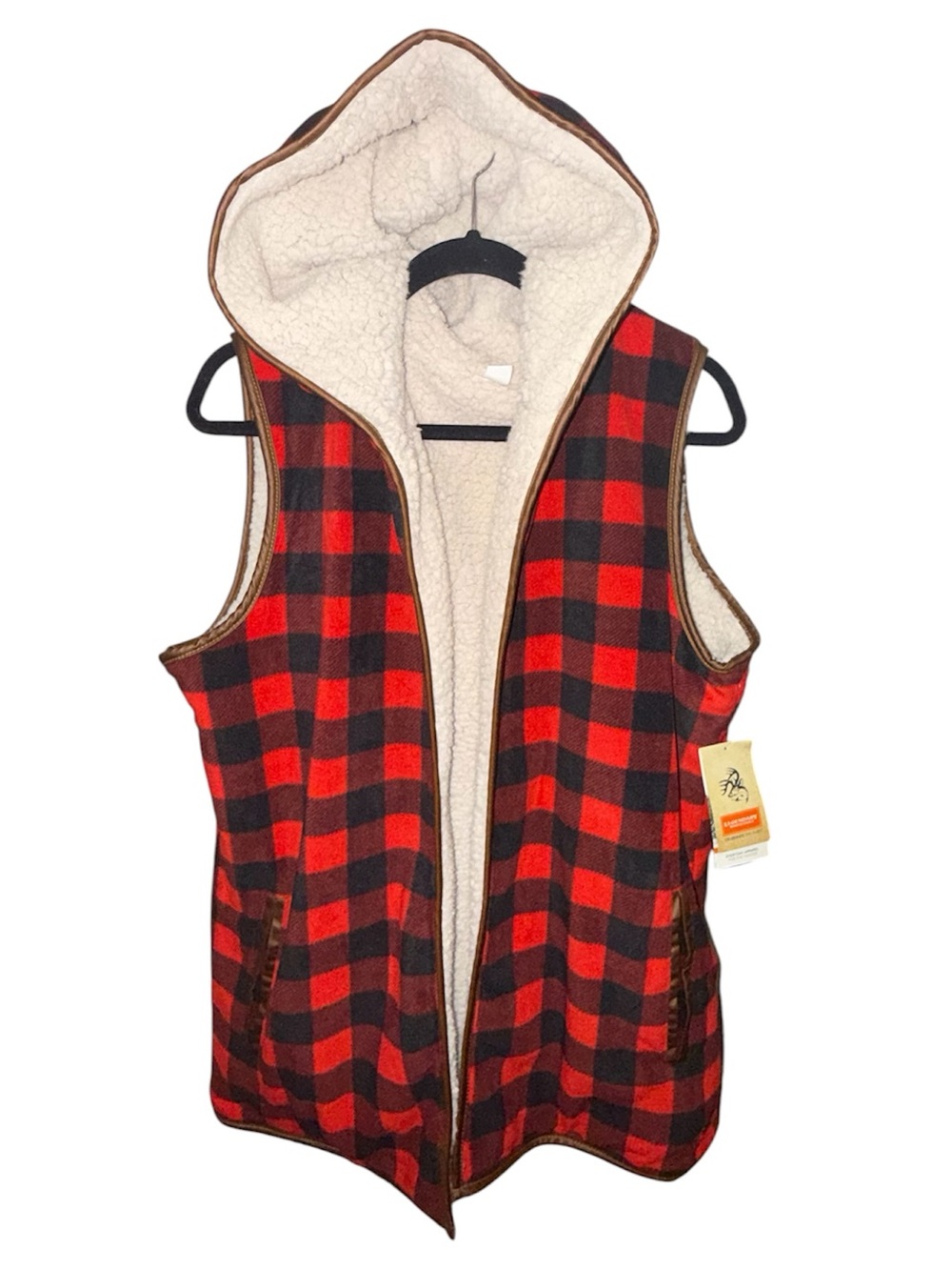 Legendary Whitetails Fleece Sherpa Lined Hooded Buffalo Plaid Hooded Vest Sz XL